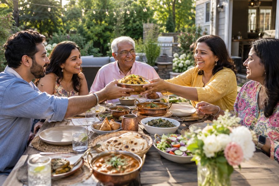 A family passing dishes to each other across a garden table