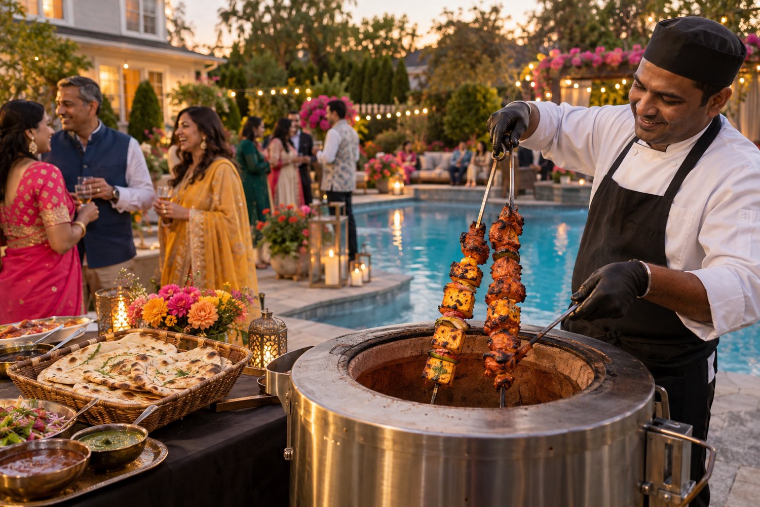 A chef lifting tandoori skewers from a live tandoor beside a pool at an evening party